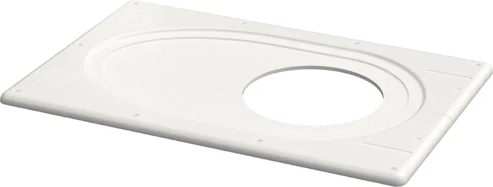Weiße Abdeckblende von Bosch mit rundem Ausschnitt für Abgaszubehör, geeignet für die Verwendung in entsprechenden Installationen.
